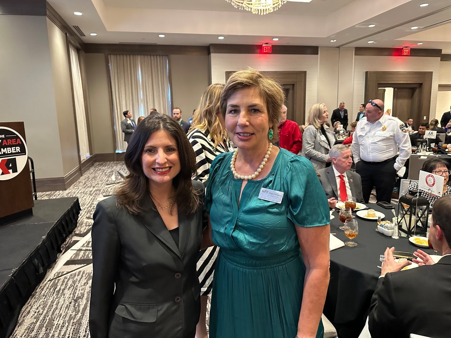 New Harris County Pct. 4 Commissioner Lesley Briones meets Katy ISD Position 7 Trustee Dawn Champagne at the Katy Area Chamber of Commerce State of the City luncheon.